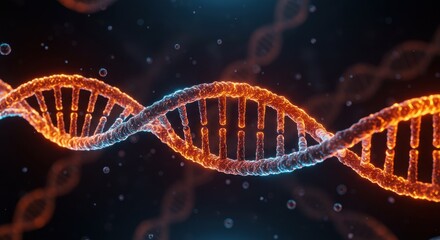 Obraz premium A captivating 3D rendering of a DNA helix glowing with vibrant orange and blue bioluminescence, set against a dark, atmospheric background.