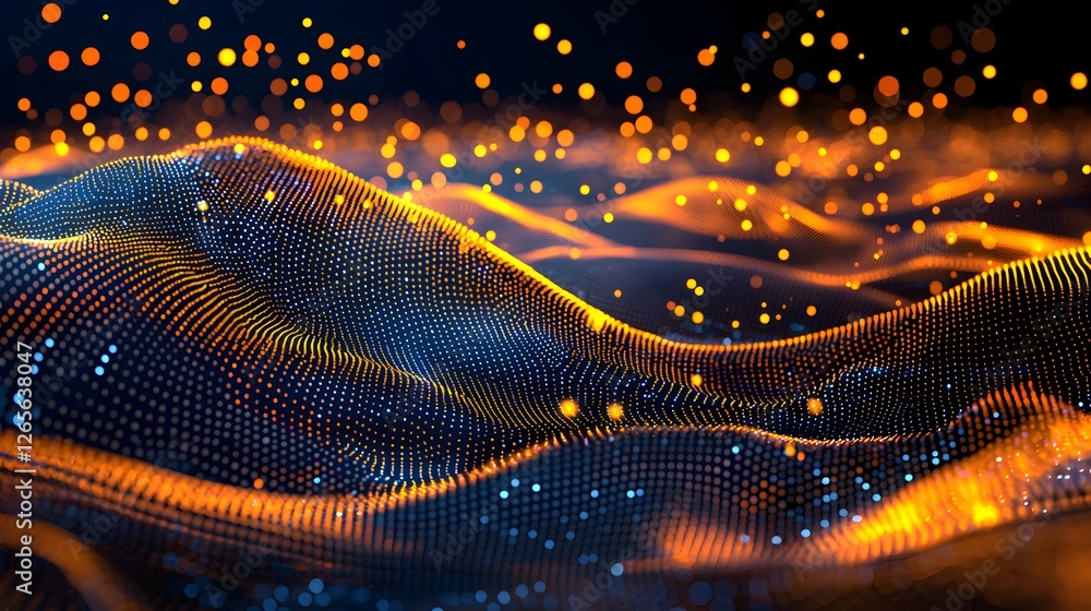 Poster a computer generated image of a wave with orange and blue colors