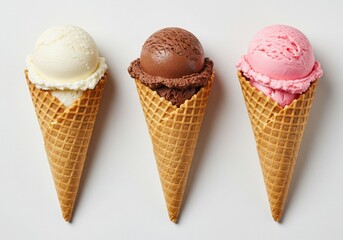 A high-quality photograph of three waffle ice cream cones standing upright on a clean, white background.