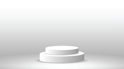 3D white round podium or pedestal on light room studio backdrop abstract white and gray background with copy space. vector illustration template design