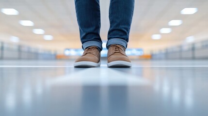 Fototapeta premium close-up of traveler feet standing on marked line at security checkpoint captured under bright terminal lighting