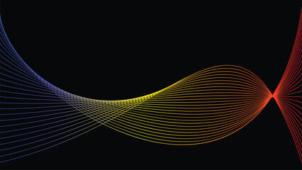 Dynamic illustration featuring flowing wave-like lines in vibrant gradient colors against a deep black backdrop, symbolizing modernity, energy, and creative innovation.