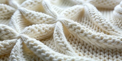Close-up Detailed Texture of White Crochet Knit Fabric,  Elegant Handmade Winter Textile Background