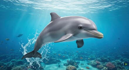 Naklejka premium Dolphin gracefully swimming in a vibrant underwater ecosystem scene