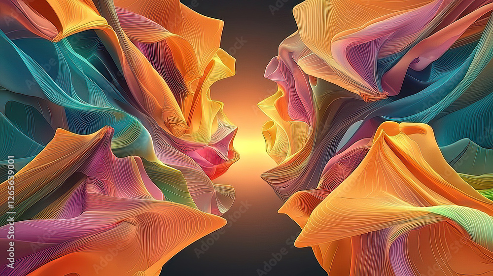 Poster AI generated with intricate fractal designs artwork a detailed painting with vibrant colors. Vibrant Abstract Waves in Colorful Digital Flowing Forms