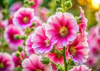Fototapeta premium Close-Up Hollyhock Flowers: Vibrant Pink and White Petals, Detailed Texture, Documentary Photography Style