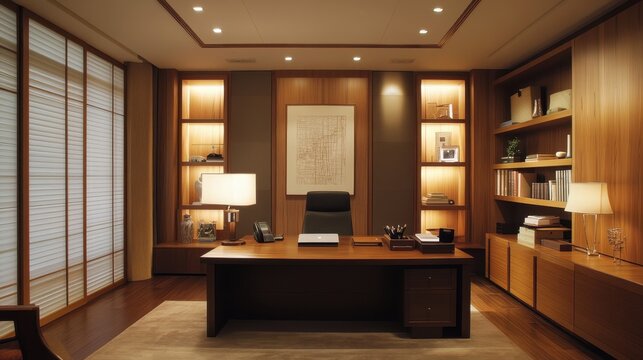 Executive office featuring a large wooden desk and built ins
