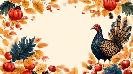 A Graceful Turkey Nestled Amongst a Vibrant Wreath of Autumn Leaves and Bright Red Berries Creating a Warm and Inviting Scene that Captures the Essence of Fall Celebrations and Harvest Time