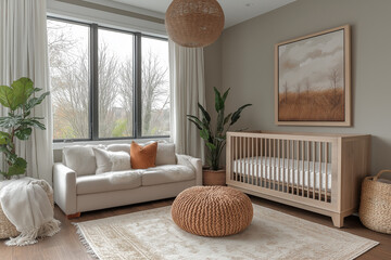 Photographie immobilière d’une chambre de bébé moderne avec des couleurs neutres, des textures douces et des accents en bois inspirés du style scandinave. HDR, 3D, design, tendance, architecte