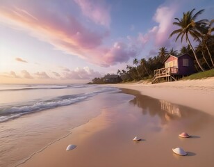 Fototapeta premium Tropical beach with palm trees and ocean waves at sunset