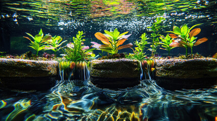 Underwater view of vibrant aquatic plants growing on rocks in a serene aquarium setting