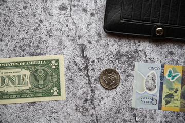 American dollar and Dobra dobras banknote of saint tome island