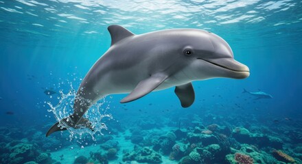 Obraz premium Delightful Dolphin Encounter: A Captivating Underwater Adventure in Azure Depths