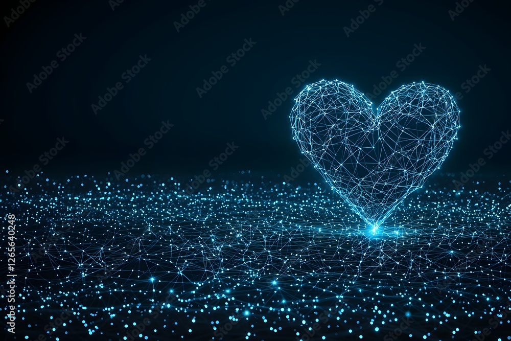 Poster digital heart: a luminous heart, rendered in a mesmerizing network of interconnected nodes and glowi
