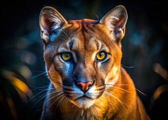 Obraz premium Close-up Night Portrait of a Puma, Wild Cat in Darkness, Majestic Feline Eyes