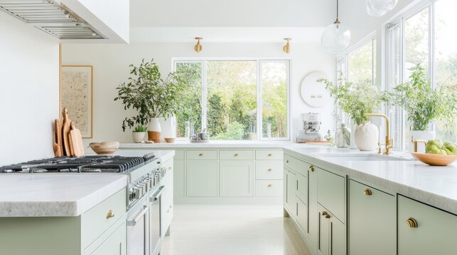 Bright and airy kitchen with light green cabinets and greenery