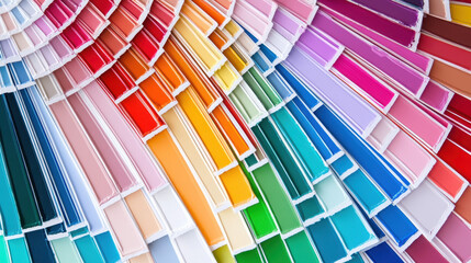 A vibrant display of colorful paint swatches artfully arranged to form a spectrum like pattern showcasing a myriad of hues and shades for creative inspiration