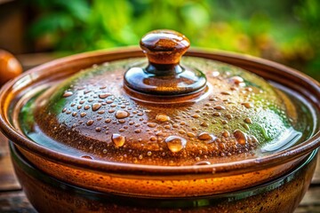 Close-up of a Glass Lid on a Pot, Rustic Kitchen Setting