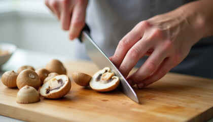 Obraz premium Close-up of hands slicing fresh mushrooms on wooden cutting board