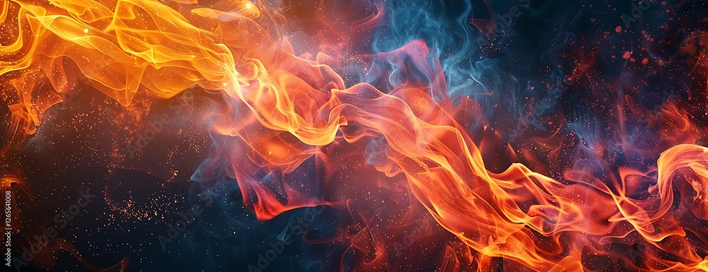 Poster fiery dance: abstract image of vibrant orange and blue flames intertwining, creating a mesmerizing a