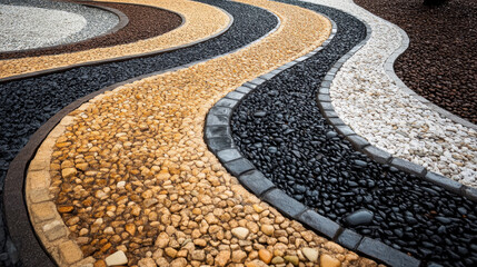 Artistic stone pathway design featuring a mosaic of colorful pebbles arranged in winding patterns providing a textured and visually captivating garden landscape