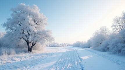 Beautiful snowy winter landscape with snow covered tree