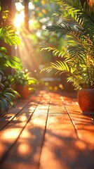 Obraz premium Golden sunlight filters through lush greenery illuminating warm wooden path tranquil scene of natural beauty