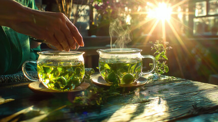 Person preparing fresh herbal tea in glass cups, sunlight streaming through a window