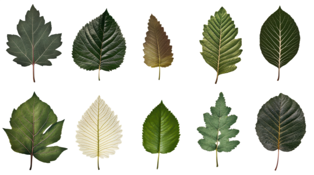 Collection of diverse leaves showcasing various shapes venation patterns and textures creating a visually rich display of nature's intricate designs and botanical variations