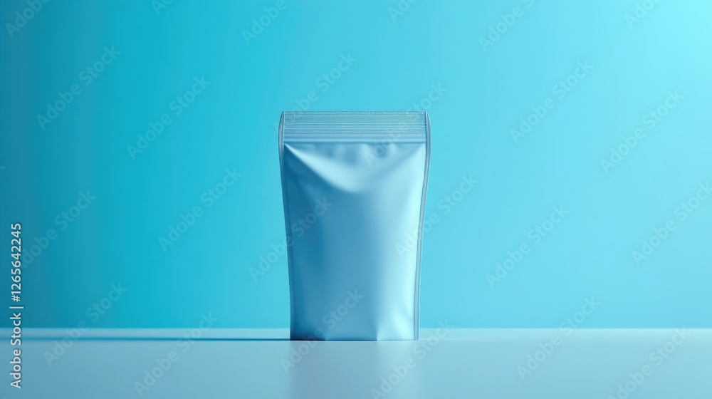 Poster conceptual depiction of stand-up pouch mockup centered on clean surface with soft lighting and gener