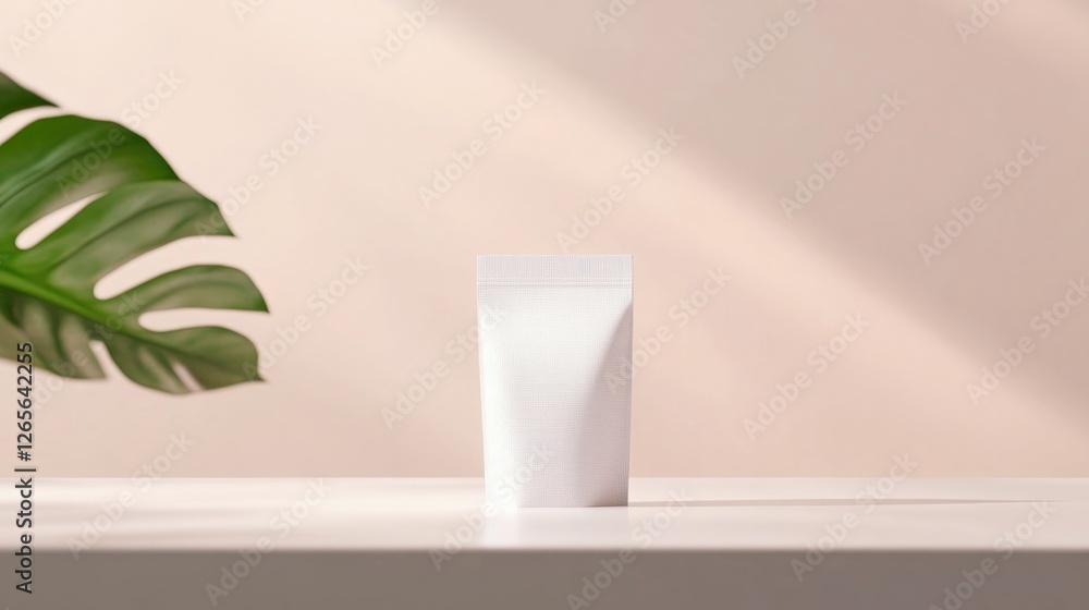 Poster conceptual depiction of stand-up pouch mockup centered on clean surface with soft lighting and gener