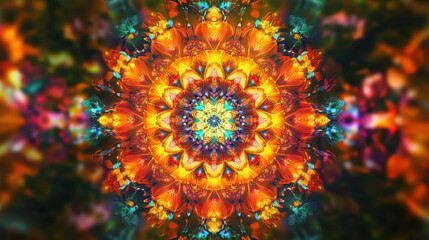 Intricate kaleidoscopic mandala with vibrant floral symmetry showcasing a harmonious blend of warm oranges yellows and cool blues creating a captivating visual experience