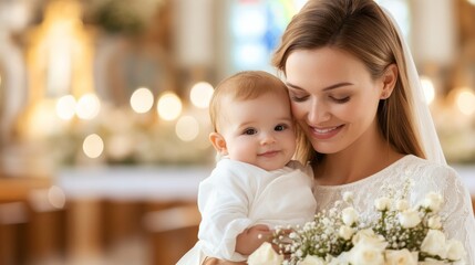 Mother Holding Baby During Christening Ceremony in Church &ndash; Sacred Baptism Moment