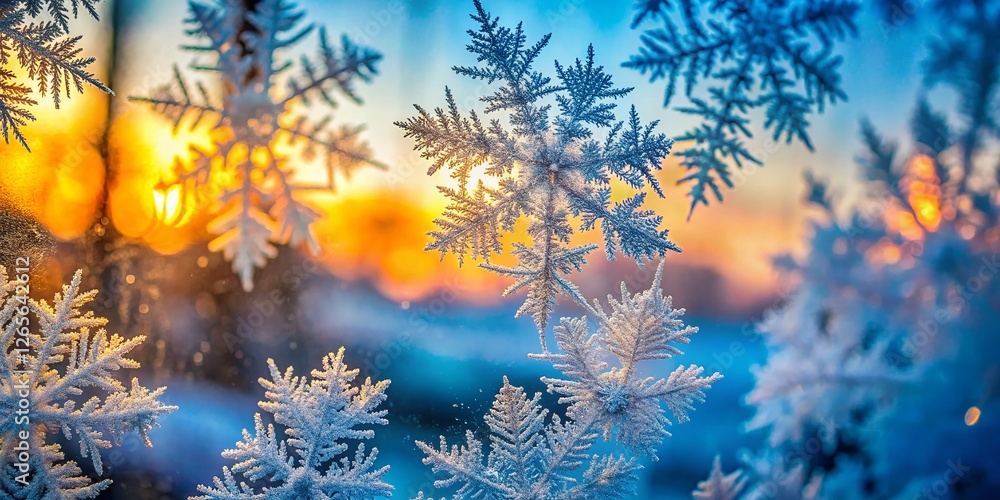 Poster close-up of delicate frost patterns on winter windowpane