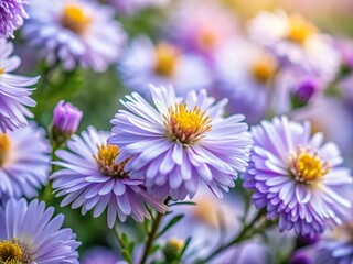 Close-Up of Delicate Pale Lilac Asters with Tilt-Shift Miniature Effect