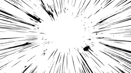 Obraz premium Bokeh black lines on white transparent background, black radial lines and splatter effects on a transparent background, creating an explosive dynamic visual effect.