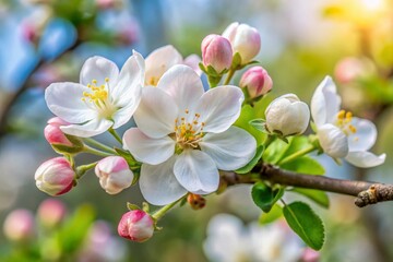 Close-up of Delicate White Wax Apple Blossoms and Buds on Branch