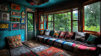 Cozy interior of a vibrant, rustic living room with colorful textiles and lush greenery outside