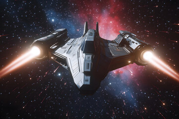 Futuristic Sci-Fi Spaceship fighter flying fast with motion blur effect, huge spaceship in orbit of planet Earth, spacecraft in outer space 