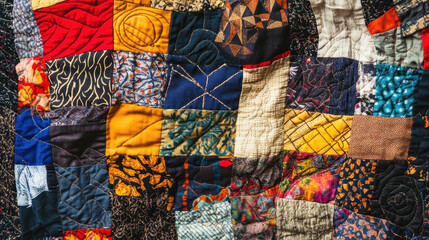 Intricate patchwork quilt featuring a variety of colorful and textured fabric squares meticulously sewn together creating a vibrant and warm textile masterpiece