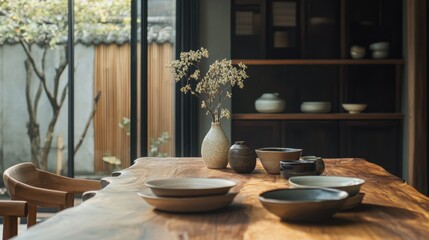Fototapeta premium Neutral pottery and dried flowers sit on an organic wooden table