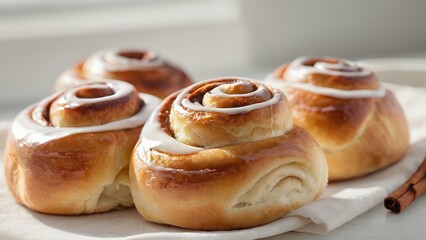 Delicious cinnamon rolls topped with glossy icing capture a classic and indulgent bakery treat, perfect for menus, food blogs, and cozy kitchen or pastry shop themes