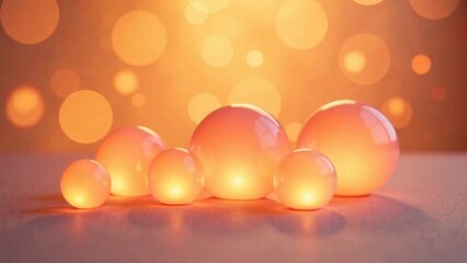 A group of orange balls with a blurry background. The balls are lit up and appear to be floating in the air. Scene is warm and inviting, with the orange glow of the balls creating a cozy atmosphere