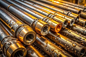 Naklejka premium Close-up of Oily Drilling Pipes and Tools - Industrial Stock Photo