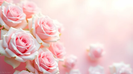 Soft pink roses in a gentle hue and blurred style for a background. Delicate-colored rose flowers in a pastel tone with a dreamy blur effect for a background pattern texture. 