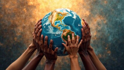 A group of people holding hands around a globe. Concept of unity and togetherness, as the people are all working together to hold the globe. The globe itself represents the world
