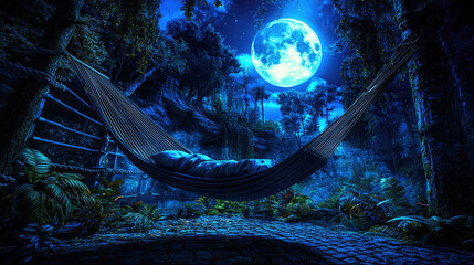 Serene night scene with a person relaxing in a hammock under a full moon amidst lush greenery