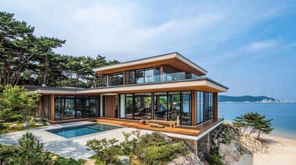 Fototapeta premium Two story modern house with swimming pool overlooking the ocean