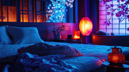 Cozy bedroom with vibrant lighting, decorative elements, and a serene atmosphere at night