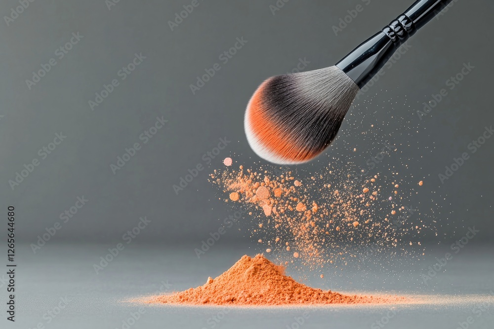 Aufkleber creative composition showing floating makeup brushes and vibrant powders in mid-air creating dynamic